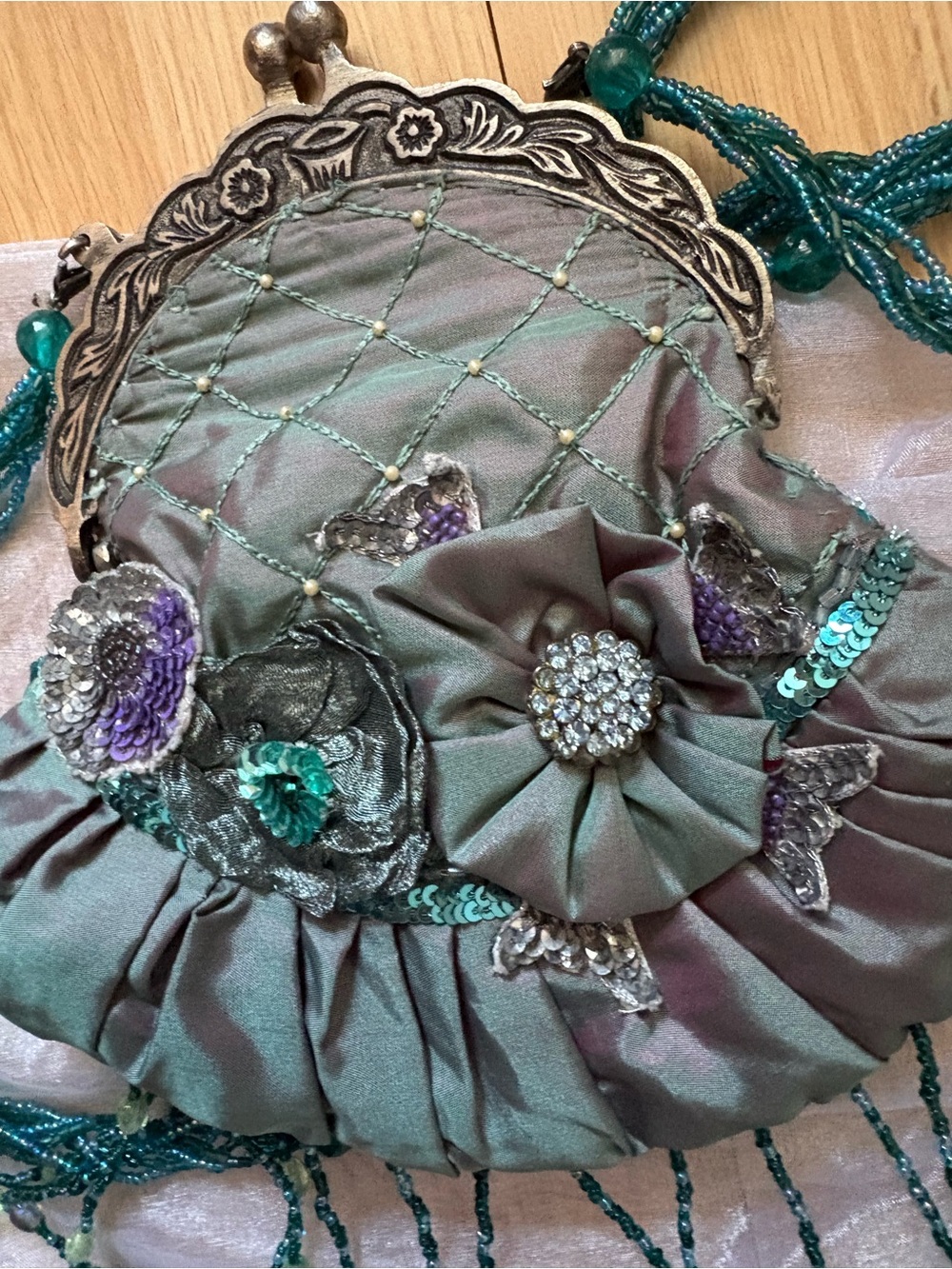 Vintage style Teal Satin Beaded Fringe Evening Bag